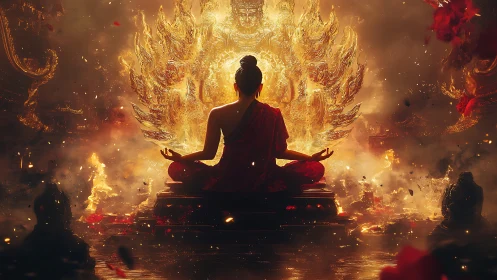 Serene monk in golden firelit meditation, glowing with calm.