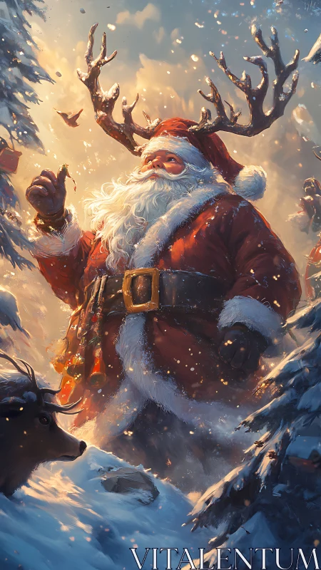 Festive winter Santa with antler crown amid snowy forest