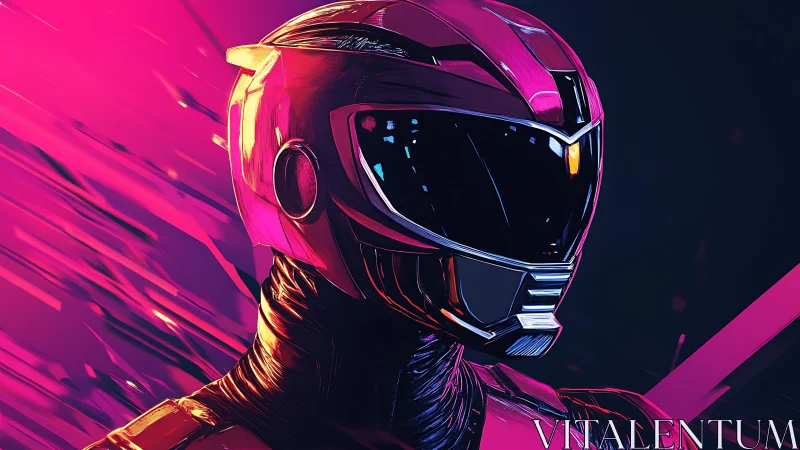 Neon armored hero portrait against dynamic magenta streaks
