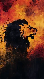 Roaring silhouette lion crowned in molten sunset firestorm.