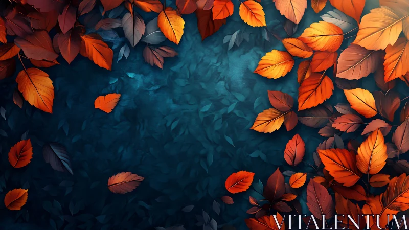 Crimson autumn leaves encircling teal foliage voidscape.