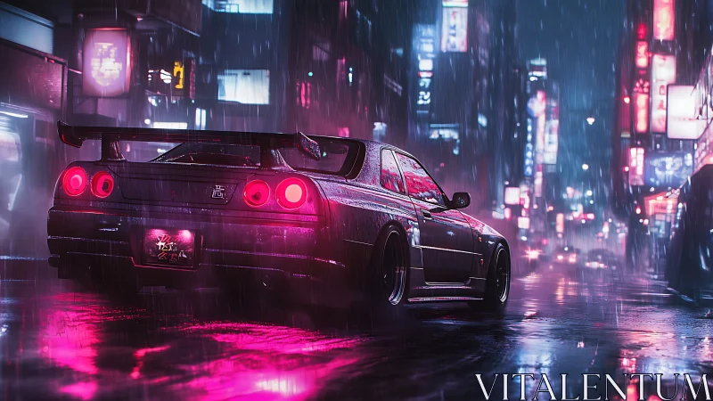 Modified sports coupe is parked on wet neon city street at night