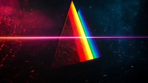 Prismatic laser monolith slicing night with neon spectrum.