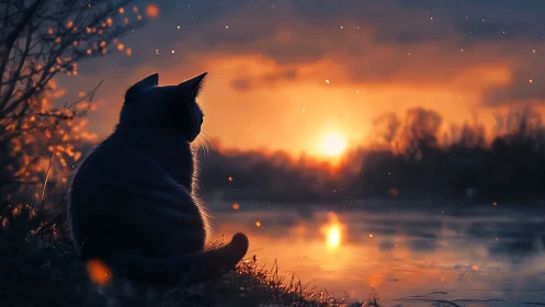 Solitary Feline Contemplates Golden Horizon's Mesmerizing Glow