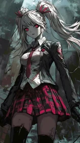 Bloodstained schoolgirl android under harsh urban light.