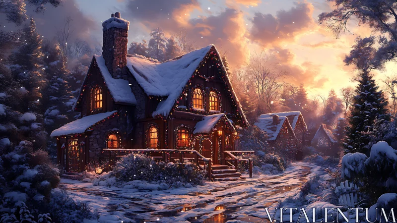 Snowlit cottage glow along a storybook forest lane.