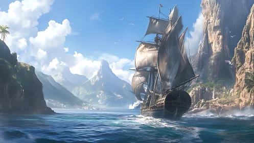 Sunlit tall ship glides toward dramatic island cliffs and coves