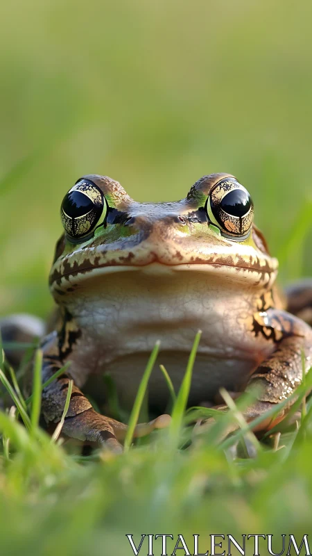 Close frontal macro view records a frog on grass