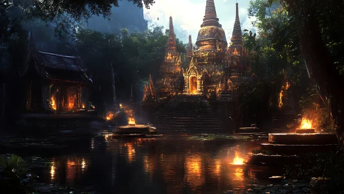 Luminous jungle temple rendered with dramatic volumetric firelight