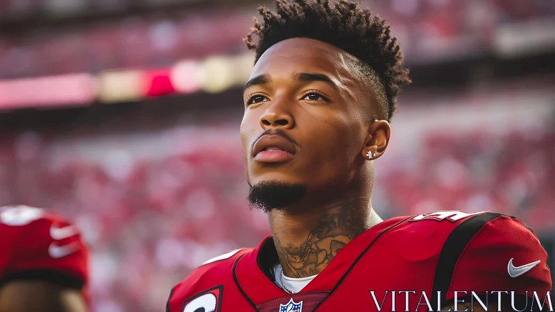 Portrait of professional football player on sideline field.