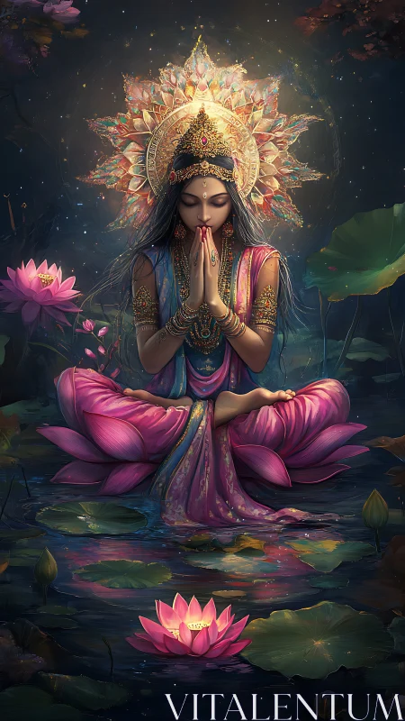 Divine lotus yogini in jeweled headdress under starlit aura.