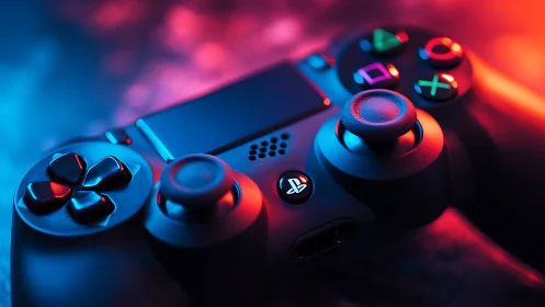 Dual PlayStation Controllers with Chromatic Illumination and Neon Ambient Lighting.