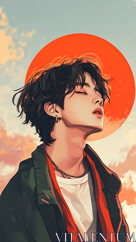 Side-profile digital portrait shows figure before red sun