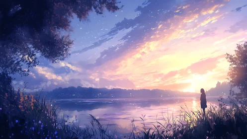 Girl standing by calm lakeside at vivid sunset sky.