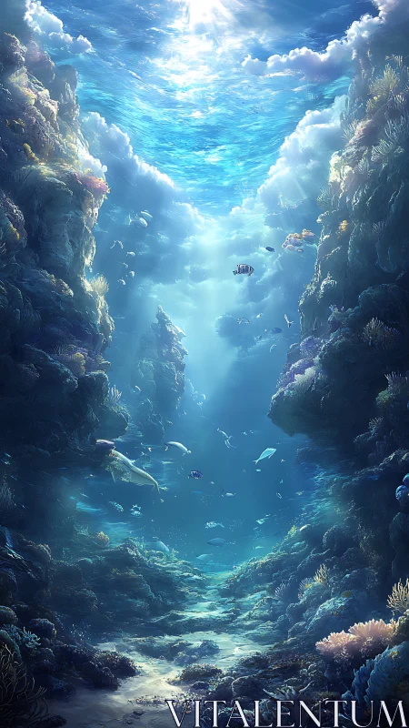 Sunlit undersea canyon where drifting reefs cradle light.