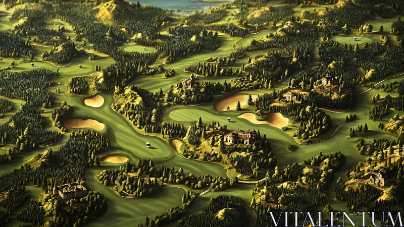 Emerald golf kingdom winding through forests and hilltop villas.