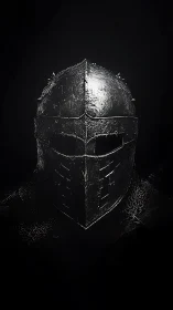 Monolithic medieval helm in high-contrast frontal isolation.