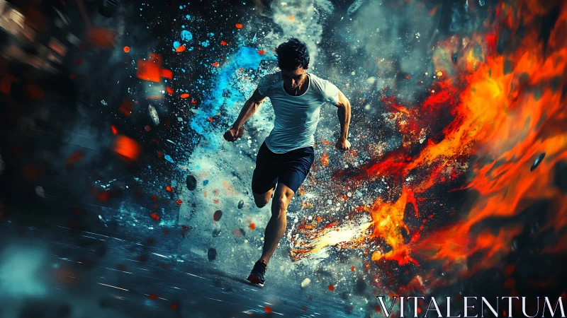 Male runner advances through opposing fire and blue effects
