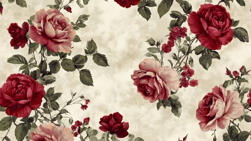 Red and pink rose clusters repeat across textured beige background