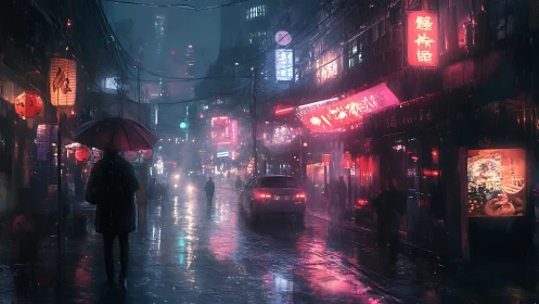 Rain-soaked neon alleyway renders dense urban night atmosphere