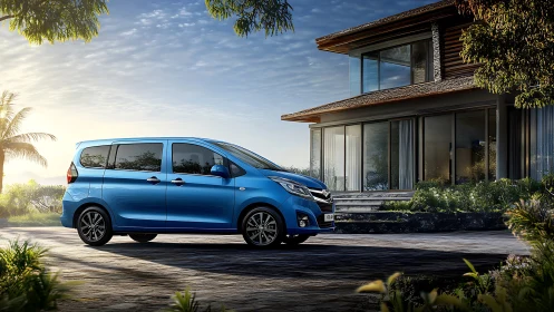 Blue compact MPV rendered photorealistically beside modern villa
