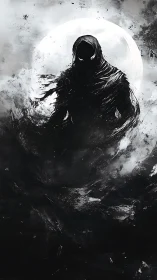 Moonlit shadow wanderer wrapped in swirling midnight fog.