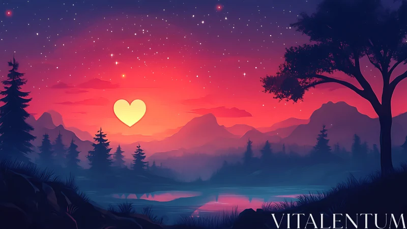Heart-Shaped Sun Over Mountain Lake at Dusk