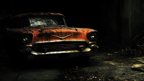 Rusty vintage car abandoned in dark, decayed setting.