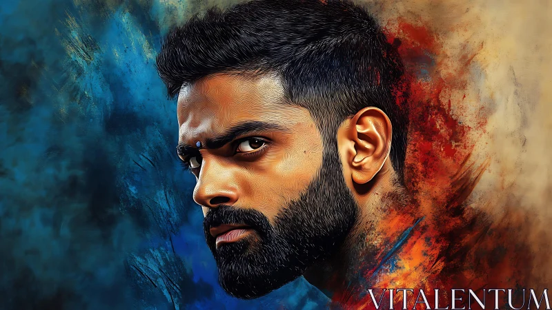 Intense bearded portrait split by vivid fire and ice tones.