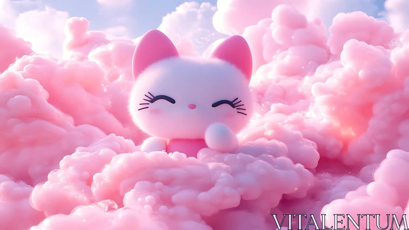 Pink 3D cat character surrounded by soft cloud forms.