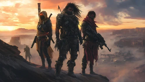 Desert wanderers stand united under a hopeful sunrise.
