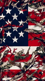 United States flag with camouflage branches overlayed.