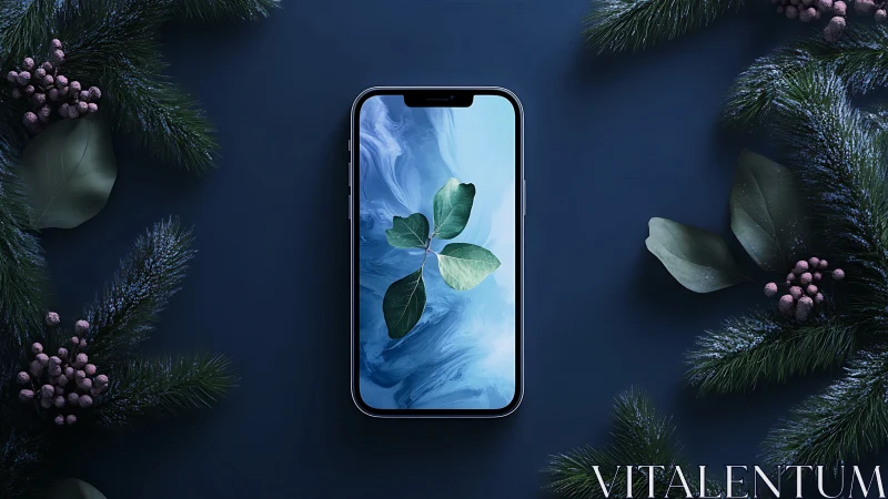 Smartphone with leaf wallpaper lies centered on dark surface