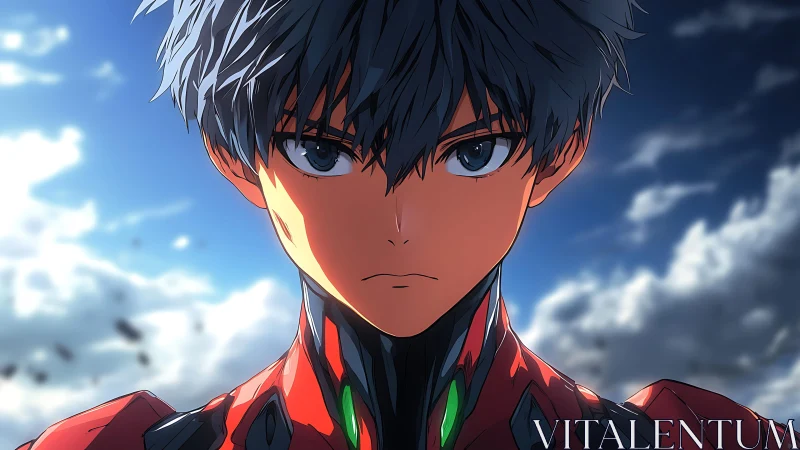 Anime pilot in red exosuit against cloudy sky backdrop.