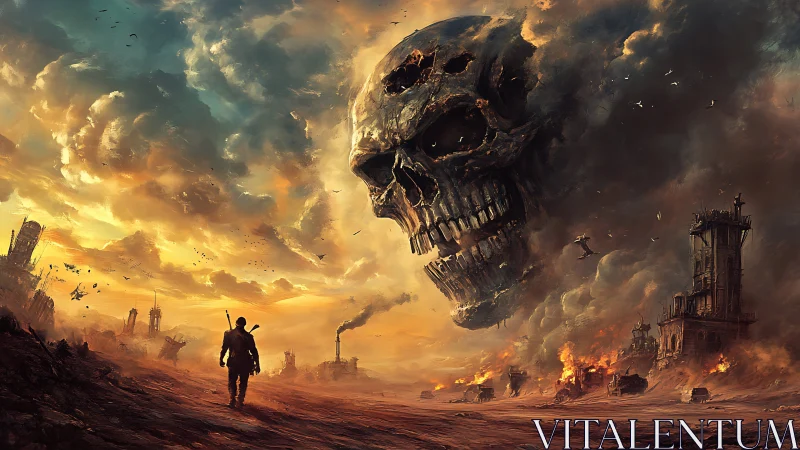 Lone wasteland wanderer walks beneath colossal skull storm