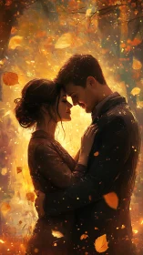 Two figures positioned closely within golden particle environment.