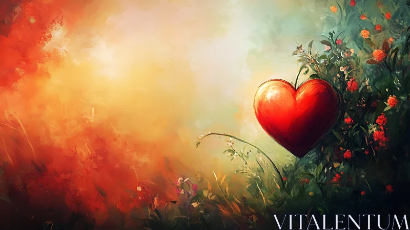 Luminous Red Heart Among Wildflowers Against Golden Gradient.