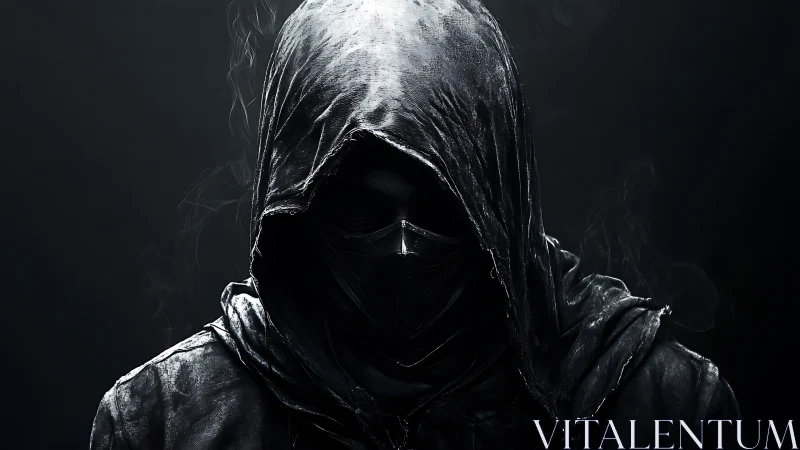 Hooded, masked figure is rendered in high contrast lighting