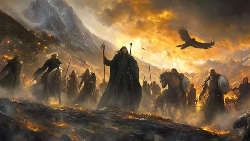 Armored riders advance through volcanic battlefield under burning sky