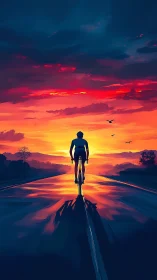Cyclist silhouetted against fiery sunset sky.