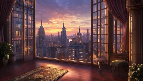 Digital painting of grand sunset penthouse with city panorama.