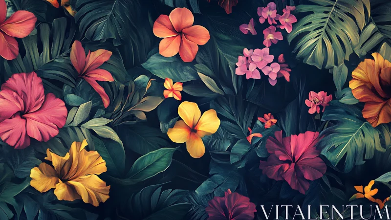 Tropical Floral Garden Against Dark Background.