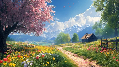 Wildflower path curls toward a quiet cottage beneath blossom skies