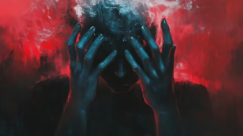 Psychological overload figure in red and cyan chiaroscuro digital