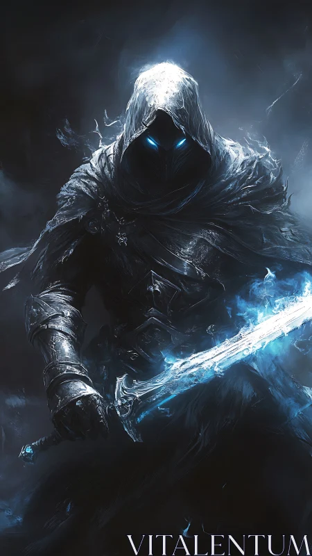 Hooded dark warrior holding glowing blue enchanted sword.
