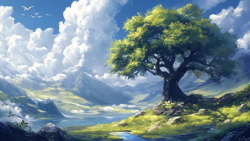 Sunlit guardian tree watching over bright valley skies.