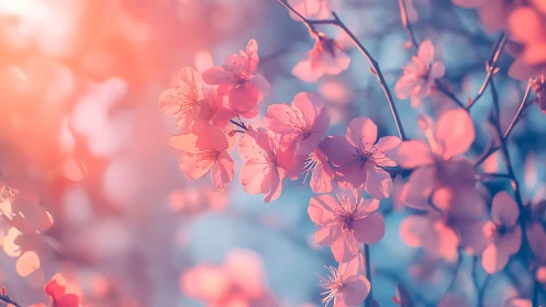 Cherry blossoms on branches with pink and blue atmospheric lighting.