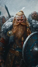 Battle-hardened Viking warrior advances through a raging blizzard