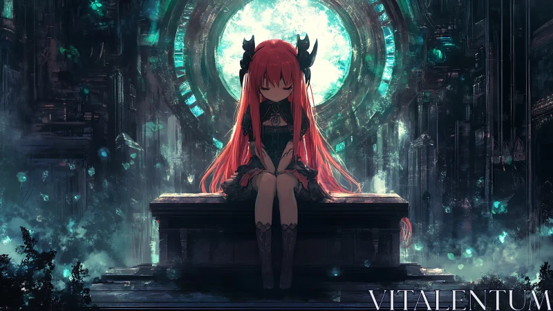Crimson-haired oracle before a glowing celestial gate.