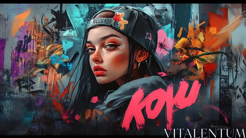 Urban graffiti portrait shows confident girl in cap